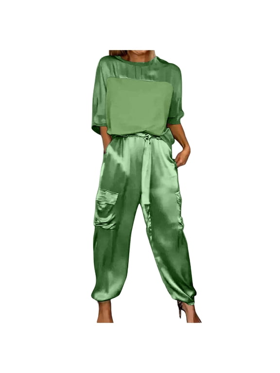 Two Piece Sets for Women Dressy Smooth Satin Half Sleeve Satin Stretchy Comfortable Breathable Gathering Trendy Green Pants Suits Sizes L