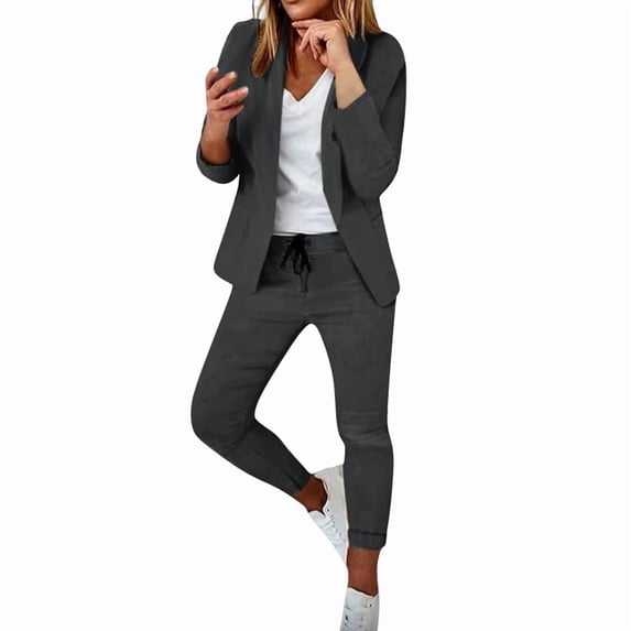 Two Piece Sets for Women Dressy Suits Long Sleeve Blazer Sets Tapered Suits Business Professional Outfits Dark Gray XXL
