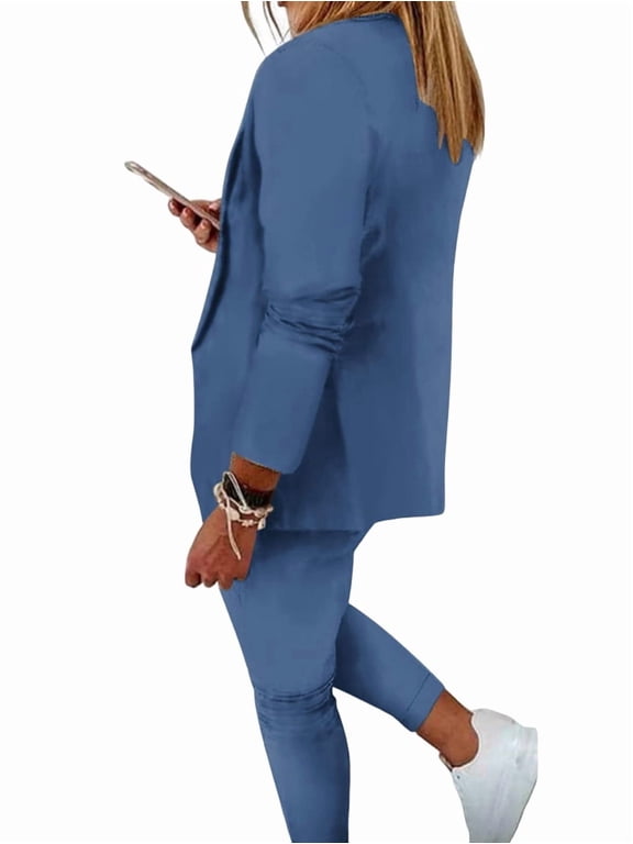 Two Piece Sets for Women Dressy Suits Long Sleeve Blazer Sets Tapered Suits Business Professional Outfits Denim Blue XL