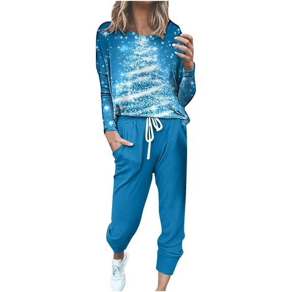Two Piece Sets for Women Fall Christmas Long Sleeve Pullover Loungewear Crew Neck Comfy Graphic Loose Suits (Blue 3XL)