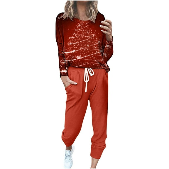 Two Piece Sets for Women Fall Christmas Long Sleeve Pullover Loungewear Crew Neck Comfy Graphic Loose Suits (Orange 3XL)