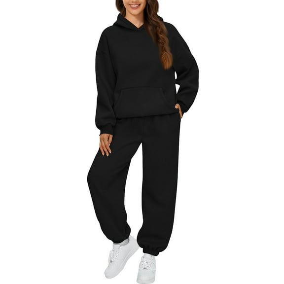Two Piece Sets for Women Fall Fashion Sweatsuit Set Hoodie Sweatshirt Sweatpants Lounge Set Casual Outfits Black M