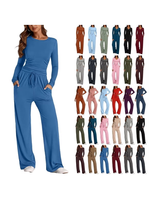 Two Piece Sets for Women Fall Outfits, 2 Piece Lounge Set Sweatsuit Womens Wide Leg Pants Side Ruching Crop Top Sets,L,Dark Gray A
