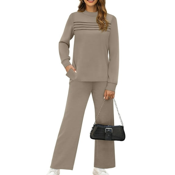 Two Piece Sets for Women Fall Outfits Long Sleeve Lounge Sets Side Slit Wide Leg Pants Camel Color M