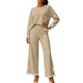 thumbnail image 1 of Two Piece Sets for Women Fall Outfits Lounge Set Casual Long Sleeve Round Neck Top Loose High Waist Wide Leg Pants 2 Piece Tracksuit, 1 of 5