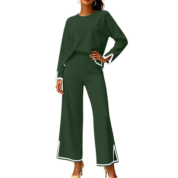 Two Piece Sets for Women Fall Outfits Lounge Set Casual Long Sleeve Round Neck Top Loose High Waist Wide Leg Pants 2 Piece Tracksuit