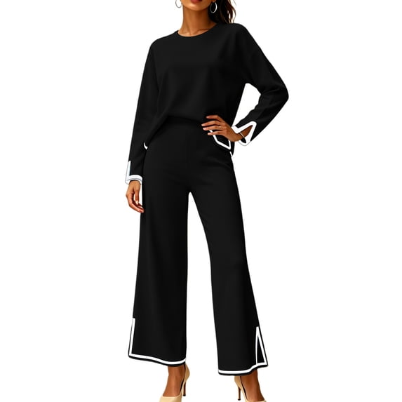 Two Piece Sets for Women Fall Outfits Lounge Set Casual Long Sleeve Round Neck Top Loose High Waist Wide Leg Pants 2 Piece Tracksuit