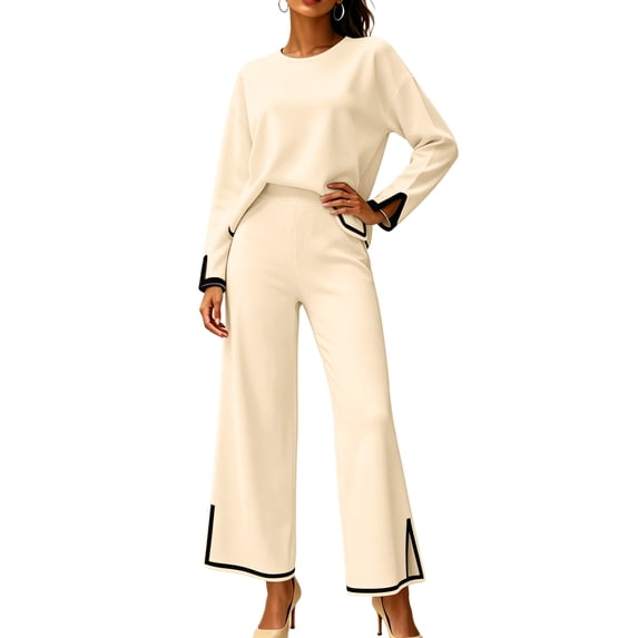 Two Piece Sets for Women Fall Outfits Lounge Set Casual Long Sleeve Round Neck Top Loose High Waist Wide Leg Pants 2 Piece Tracksuit