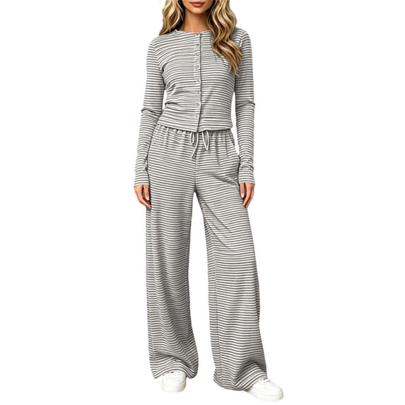 Two Piece Sets for Women Fall Outfits Striped Button Long Sleeve Cardigan Tops and Elastic Waist Pants Lounge Set Sweatsuits