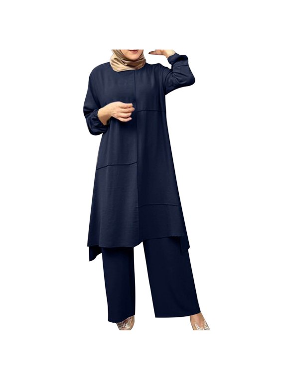 Two Piece Sets for Women Fall Plus Size Spring Solid Color Muslim Solid Color Long Sleeve Shirt Coat Wide Leg Trousers Casual Suit