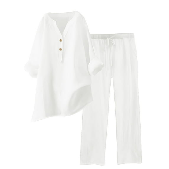 Two Piece Sets for Women Fall Plus Size Two Piece Solid Color Cotton And Linen Loose Casual Suit