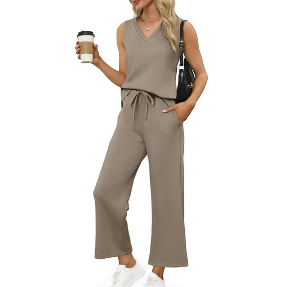 Two Piece Sets for Women Fall Travel Vacation Outfits Cap Sleeve Tops and Wide Leg Long Pants Lounge Sets