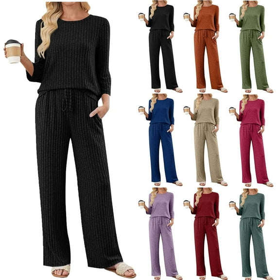 Two Piece Sets for Women Fall Travel Vacation Outfits Long Sleeve Lounge Sets Side Slit Wide Leg Pants Ndbuld ,Black,L