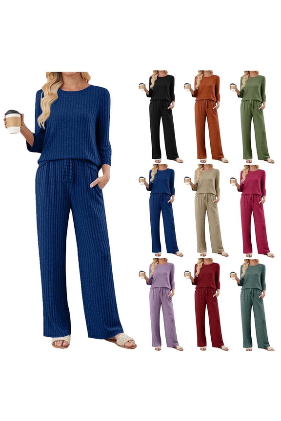Two Piece Sets for Women Fall Travel Vacation Outfits Long Sleeve Lounge Sets Side Slit Wide Leg Pants Ndbuld ,Blue,L