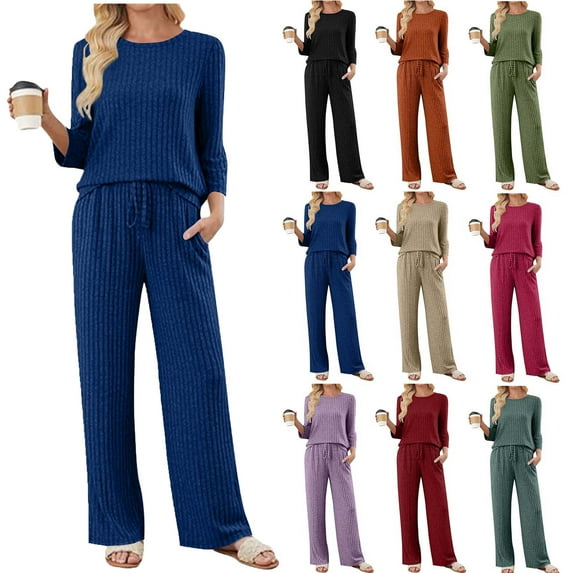 Two Piece Sets for Women Fall Travel Vacation Outfits Long Sleeve Lounge Sets Side Slit Wide Leg Pants Ndbuld ,Blue,M