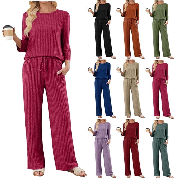 Two Piece Sets for Women Fall Travel Vacation Outfits Long Sleeve Lounge Sets Side Slit Wide Leg Pants Ndbuld ,Hot Pink,M