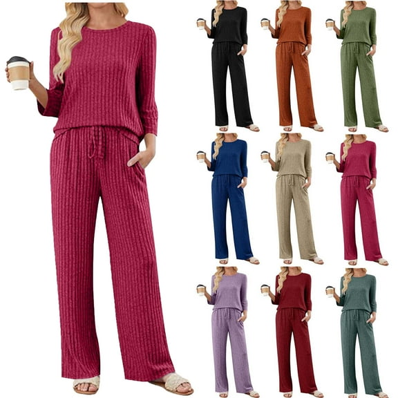 Two Piece Sets for Women Fall Travel Vacation Outfits Long Sleeve Lounge Sets Side Slit Wide Leg Pants Ndbuld ,Hot Pink,S