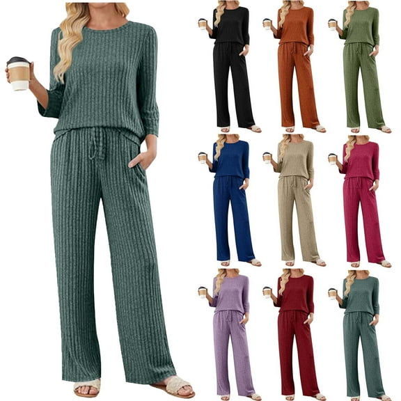 Two Piece Sets for Women Fall Travel Vacation Outfits Long Sleeve Lounge Sets Side Slit Wide Leg Pants Ndbuld ,Navy,S