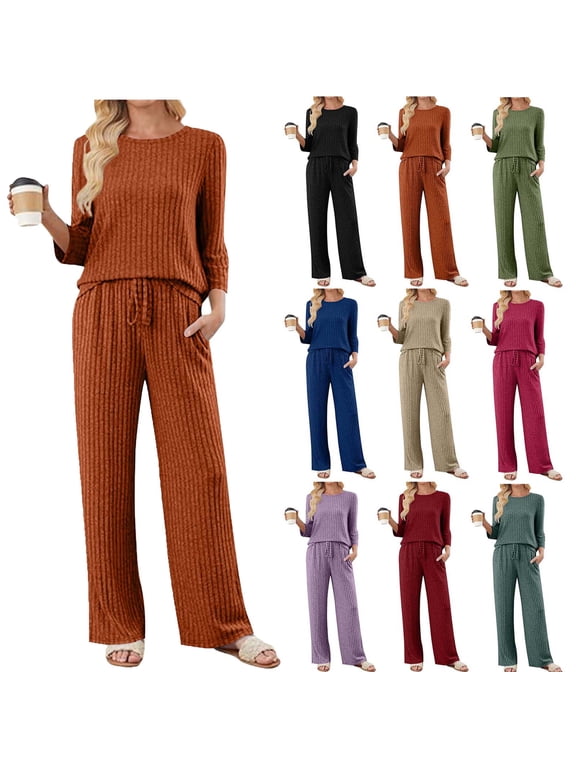 Two Piece Sets for Women Fall Travel Vacation Outfits Long Sleeve Lounge Sets Side Slit Wide Leg Pants Ndbuld ,Orange,XL