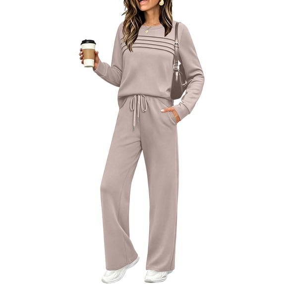 Two Piece Sets for Women Fall Travel Vacation Outfits Long Sleeve Lounge Sets Side Slit Wide Leg Pants