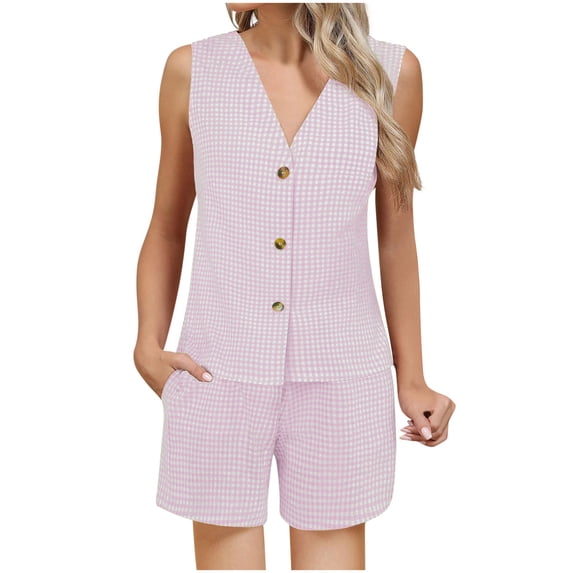 Two Piece Sets for Women,Gingham 2 Piece Outfits for Women Summer Beach Plaid Sleeveless Vest and Shorts Matching Sets