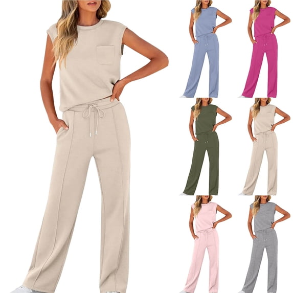 Two Piece Sets for Women Going out Casual Drawstring Long Pants With Pockets Round Neck Sleeveless High Elasticity Loose Set