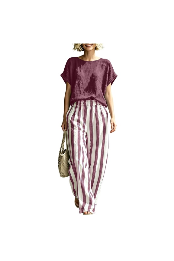 Two Piece Sets for Women Going out Round Neck Short Sleeve Pinstripe Pocket Elastic Waist Long Pants Sets
