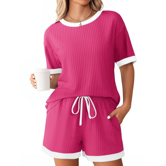Two Piece Sets for Women Going out Summer Crew Neck Short Sleeve Ribbed Contrast Drawstring Shorts Casual Loungewear 2 Piece Set
