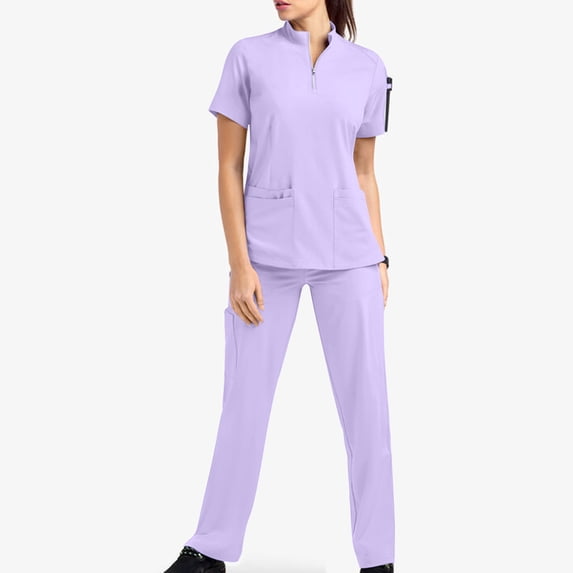 Two Piece Sets for Women Half Chain Short Sleeve Tops and Long Pants Solid Color Protective Work Suit Set