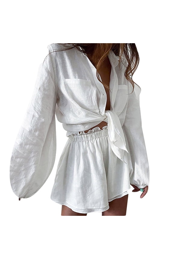 Two Piece Sets for Women Long Sleeve Button Down Lapel Shorts Vacation Outfits,White,M