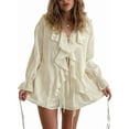 thumbnail image 1 of Two Piece Sets for Women Long Sleeve Peplum Lace Trim Chiffon Shirt Wide Leg Short Pants Vacation Travel Outfits Beige S, 1 of 9