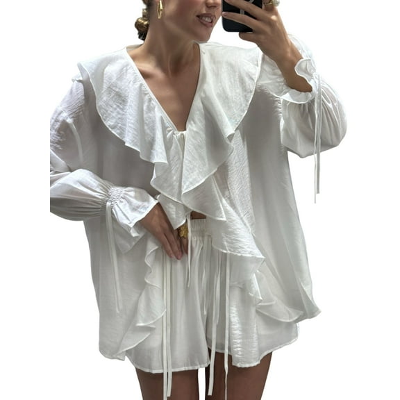 Two Piece Sets for Women Long Sleeve Peplum Lace Trim Chiffon Shirt Wide Leg Short Pants Vacation Travel Outfits White M