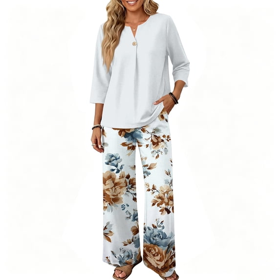 Two Piece Sets for Women Lounge 3/4 Length Sleeve Womens Tops Graphic Pants with Pockets Summer Outfits