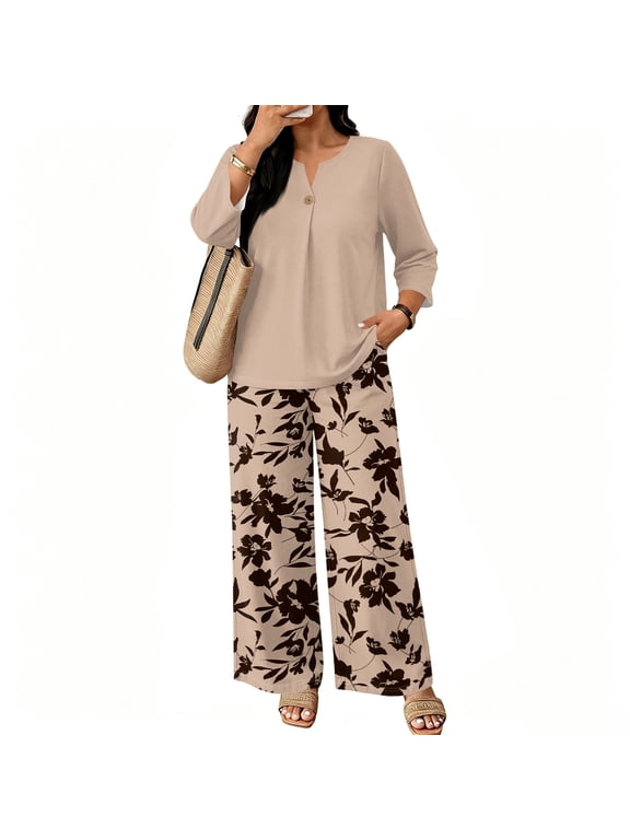 Two Piece Sets for Women Lounge 3/4 Length Sleeve Womens Tops Graphic Pants with Pockets Summer Outfits