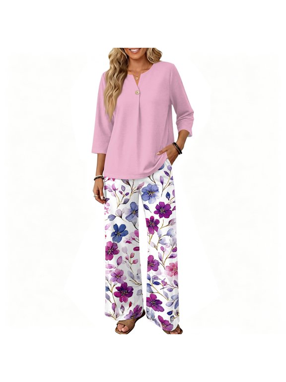 Two Piece Sets for Women Lounge 3/4 Length Sleeve Womens Tops Graphic Pants with Pockets Summer Outfits