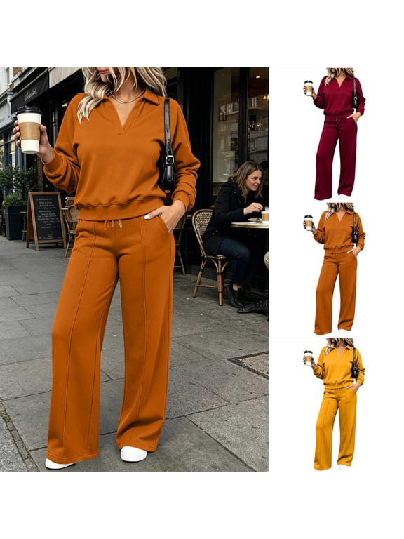 Two Piece Sets for Women Lounge Sets Casual V Neck Sweatshirt and Wide Leg Sweatpants Matching Sets Women Clothing Orange XL(XL)