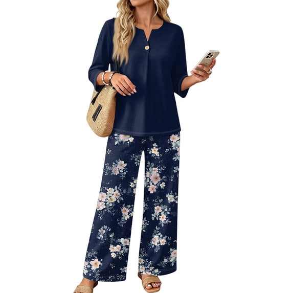 TOMVIGX Two Piece Sets for Women Lounge Sets Floral Print 3/4 Sleeve Button Down V Neck Tops Wide Leg Pants Matching Loungewear Fall Clothes 2026