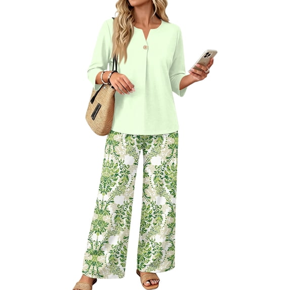 TOMVIGX Two Piece Sets for Women Flowy Airport Travel Outfit V Neck 3/4 Sleeve Tops and Printed Wide Leg Pants Loose Breathable Lounge Sets Women Clothing Fall Fashion