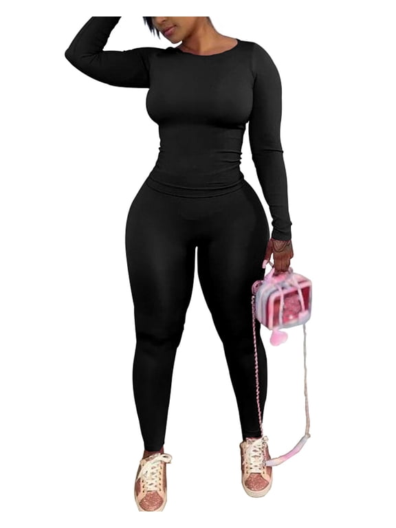 Two Piece Sets for Women Outfits Track Suits Long Sleeve Top Jogger Legging Pants Lounge Workout Sets for women Black L