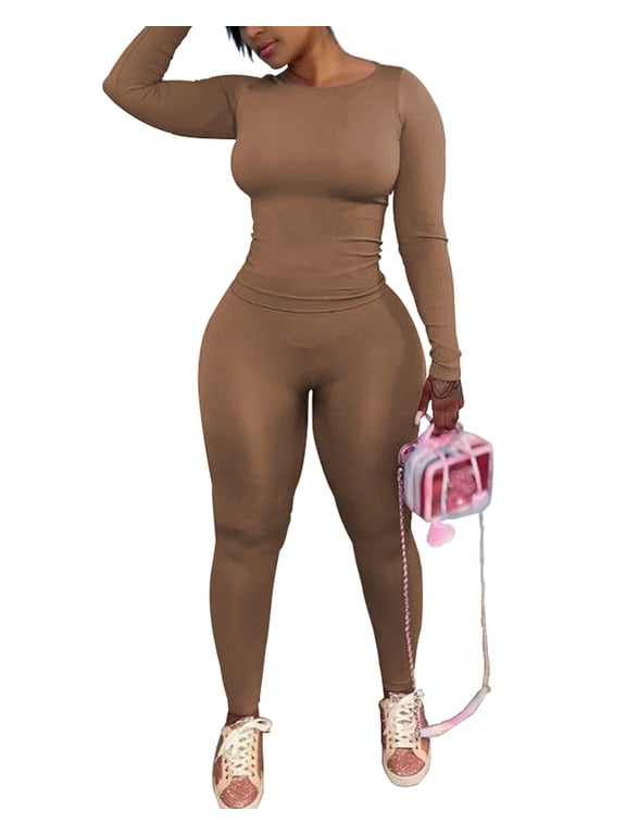 Two Piece Sets for Women Outfits Track Suits Long Sleeve Top Jogger Legging Pants Lounge Workout Sets for women Khaki 2XL