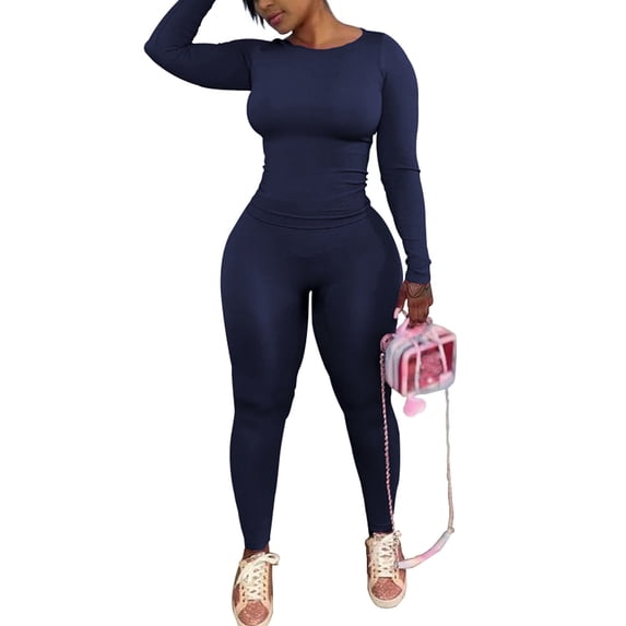 Two Piece Sets for Women Outfits Track Suits Long Sleeve Top Jogger Legging Pants Lounge Workout Sets for women Navy Blue XL