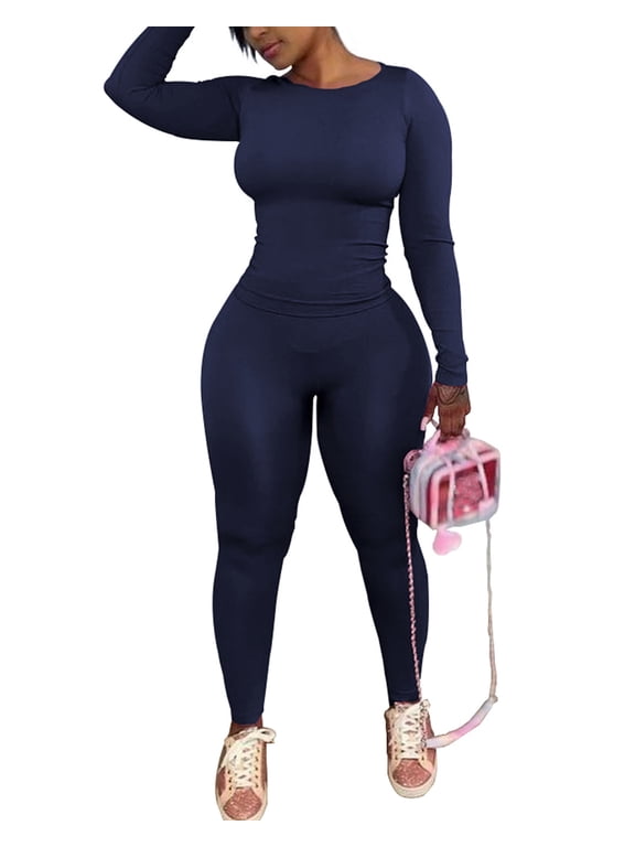 Two Piece Sets for Women Outfits Track Suits Long Sleeve Top Jogger Legging Pants Lounge Workout Sets for women Navy Blue XL