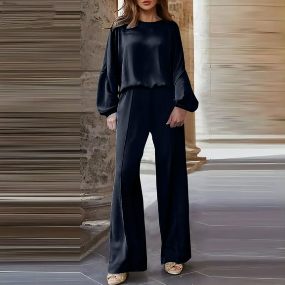 Two Piece Sets for Women Plus Size Long Sleeve Lounge Set Solid Color Casual Linen Loose Suit