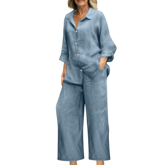 Two Piece Sets for Women Plus Size Summer V-neck Loose Lapel Long Sleeved Shirt Wide Leg Pants Solid Color Set