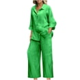 thumbnail image 1 of Two Piece Sets for Women Plus Size Summer V-neck Loose Lapel Long Sleeved Shirt Wide Leg Pants Solid Color Set, 1 of 6
