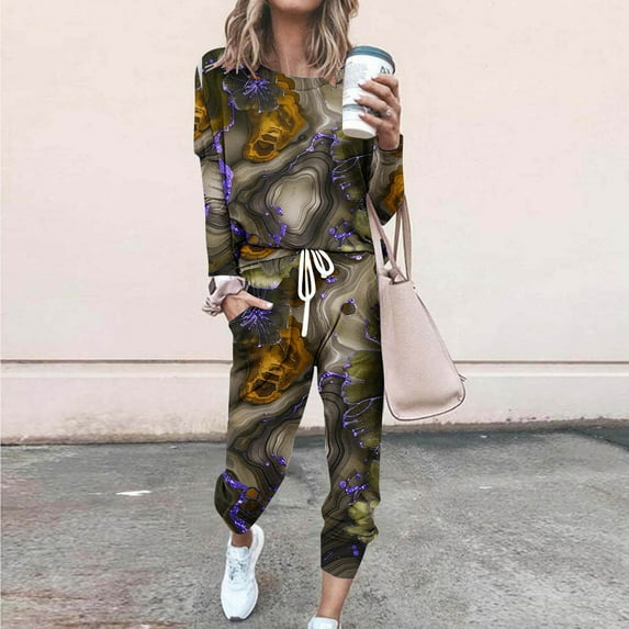 Two Piece Sets for Women Print Crew Neck Long Sleeve Casual Loose Drawstring Pant Lounge Set with Pockets