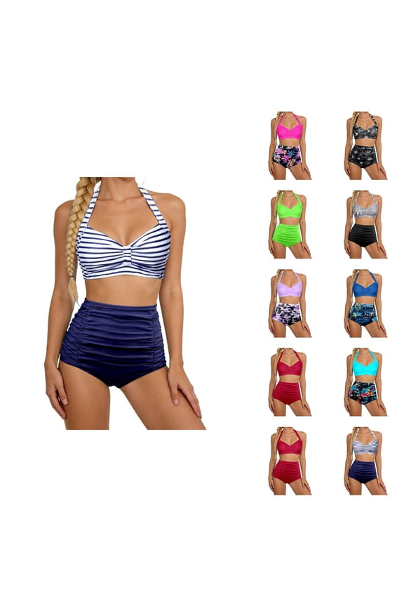 Two Piece Sets for Women Printed Tankini Swimsuit with Detachable Padding High Waist Adjustable Ties Bathing Suit for Summer Beach