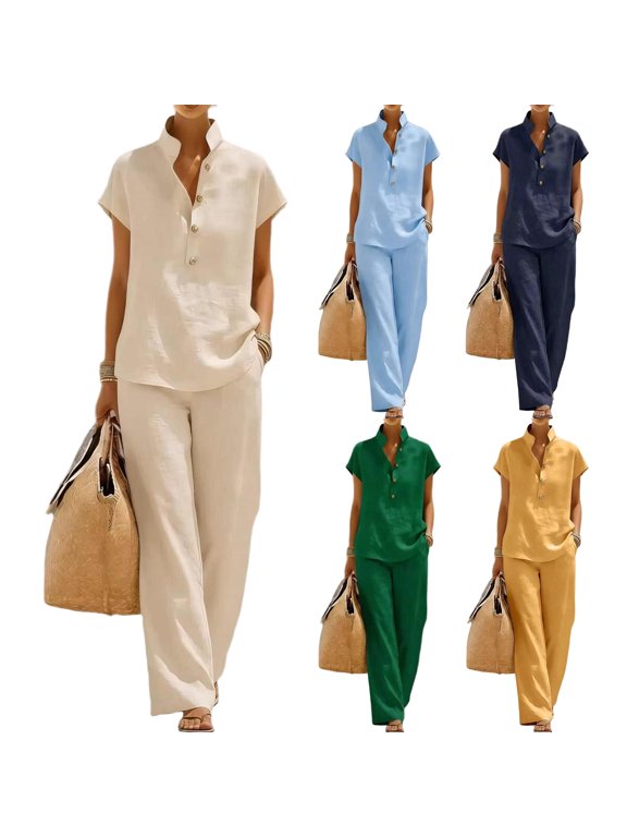 Two Piece Sets for Women Short Sleeve Henley Shirt Wide Leg Pants Set Button Down Lounge Matching Sets for Vacation