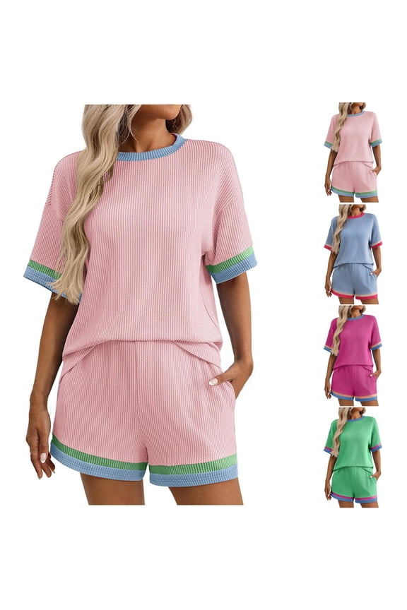Two Piece Sets for Women Short Sleeve Shirts and Shorts Outfits Summer Vacation Color Block Lounge Set, L