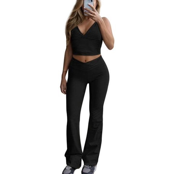 Two Piece Sets for Women Sleeveless Crop Tank Top and High Waist Flare Pants Matching Sets for Women Dressy Casual Going Out Outfits